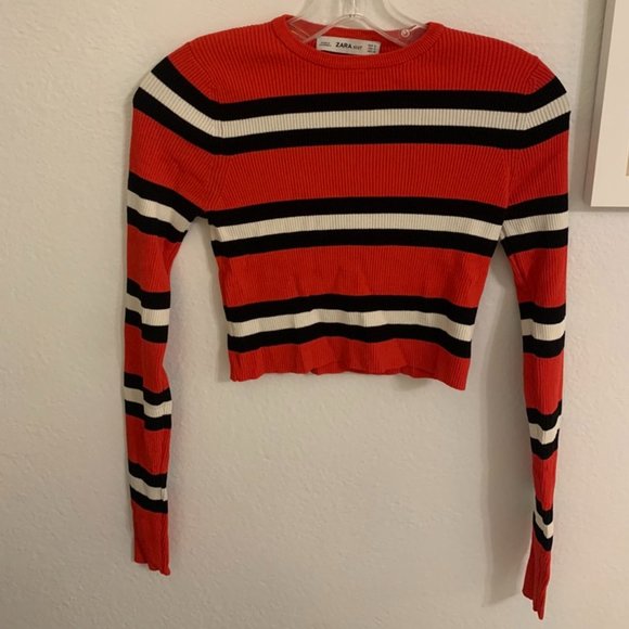 Red / Black / White Striped Zara Knit Cropped Long Sleeve Size S - Picture 1 of 3